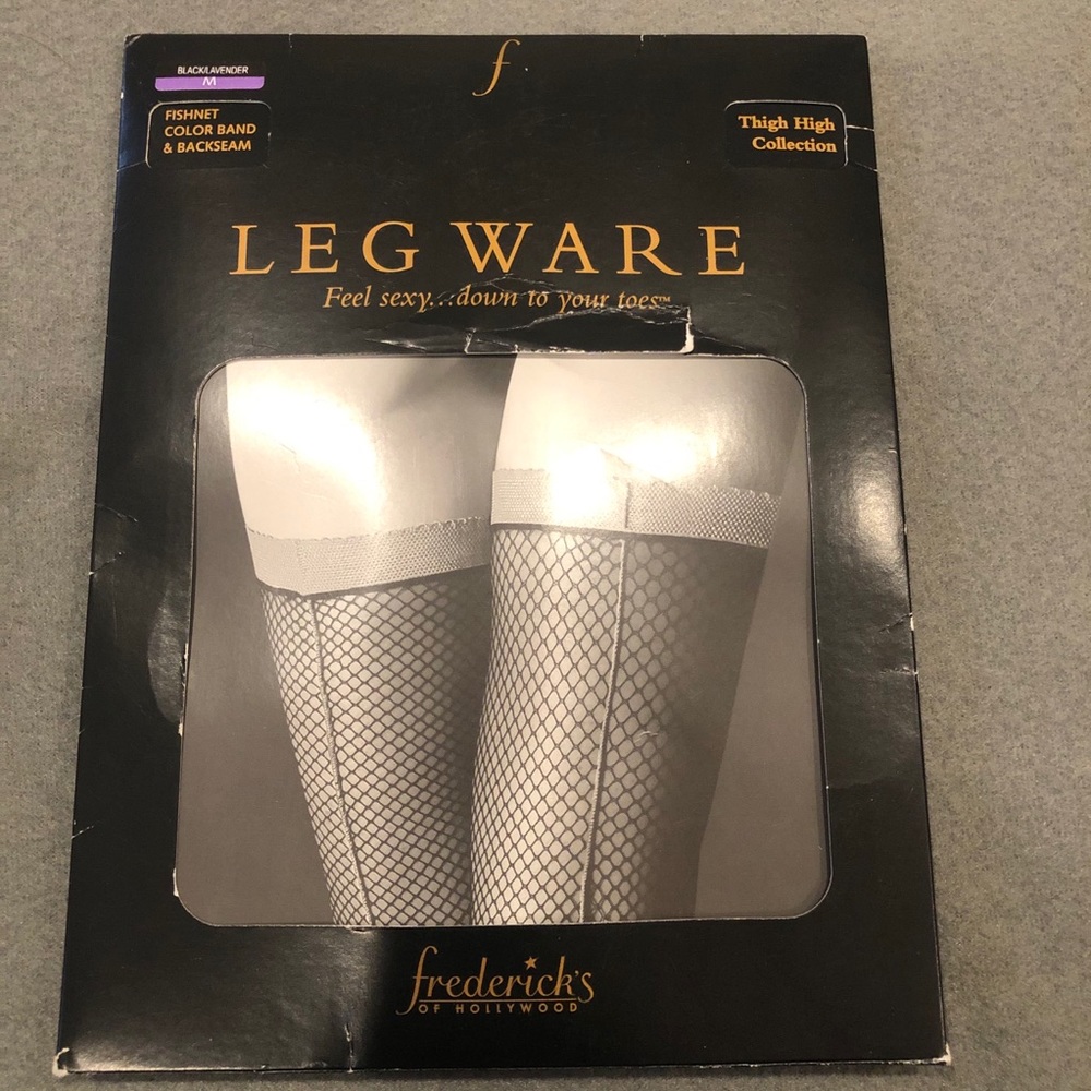 Frederick’s black/purple thigh-high fishnets
